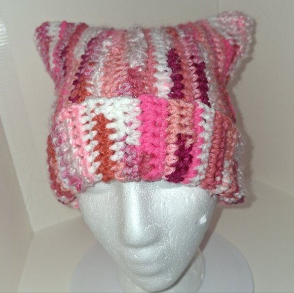 Hand Crafted Accessories - Beanie Cap Cat Ears Pink Scrappy Hat